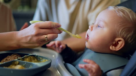 infant baby nutrition at home. mom's hand gives pureed food to a child. close up.