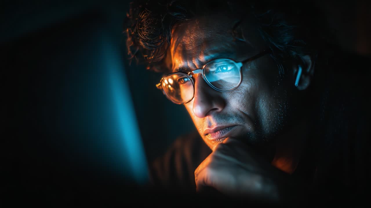Intense Focus: A Deep Thoughtful Moment Captured as a Person Engages with a Computer Screen in a Dimly Lit Room, Highlighting Concentration and Curiosity