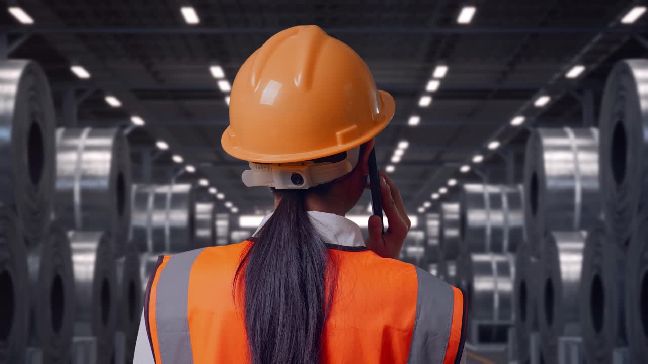 Vista trasera en primer plano de una ingeniera asiática con casco de seguridad hablando por smartphone mientras está de pie junto a pilas de enormes bobinas de acero metálico en un almacén.