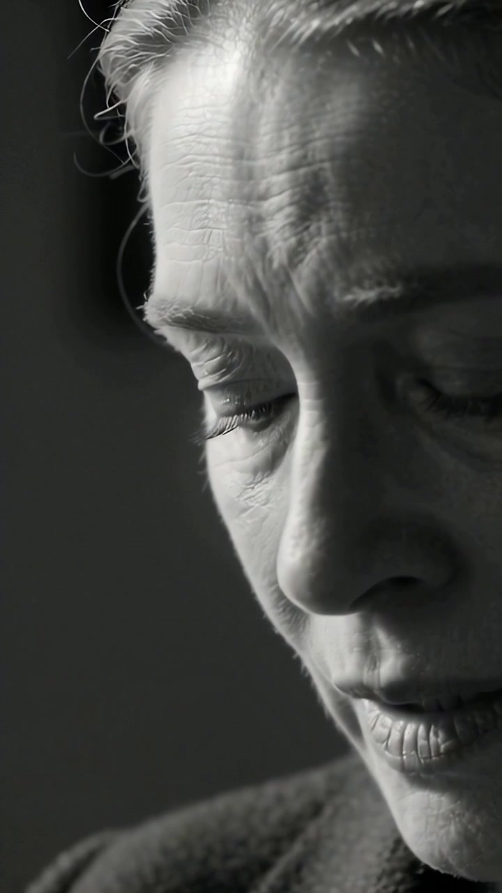 Video verticale: Donna anziana che respira, abbassa la testa e legge ad alta voce in una stanza in penombra, a sinistra dell'inquadratura