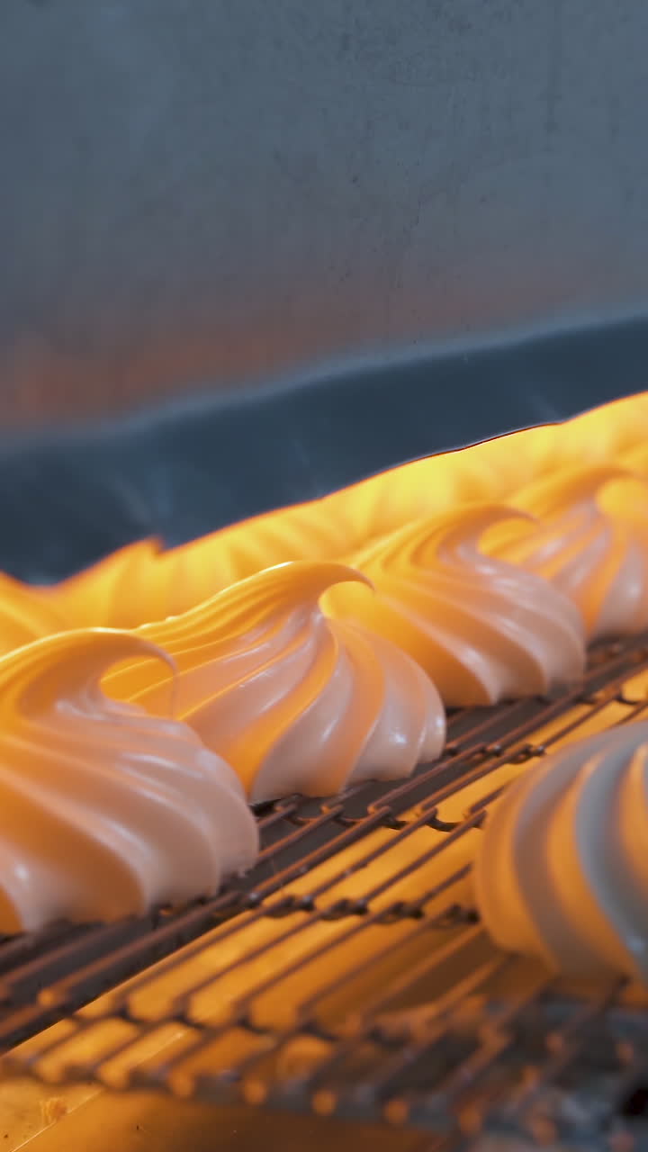 Automatic feeding of marshmallows on a conveyor to an infrared oven for drying. Confectionery factory. Vertical video