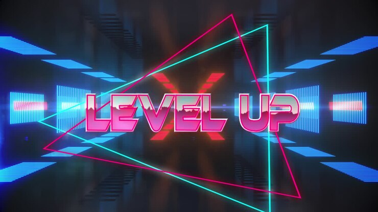 Animation af teksten level up over en bevægelig digital tunnel