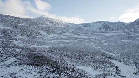 無人機拍攝的空中影像反轉和上升,揭示了cairngorm山和coire an t-sneachda在cairngorgs國家公園,蘇格蘭的雪覆蓋的山脈和沼澤地在冬季的風景