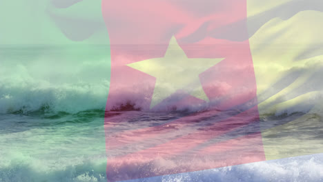 Animation-Der-Flagge-Kameruns,-Die-über-Der-Meereslandschaft-Weht