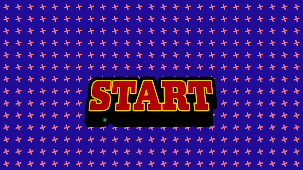 Animation of start text over moving shapes on blue background