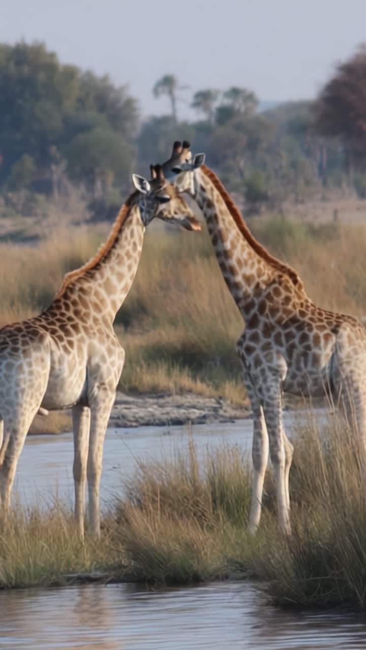 Duas Girafas em uma Interação Suave perto de uma fonte de água em seu habitat natural, demonstrando afeto e comportamento social na natureza.