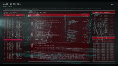 Displaying complex code and network connections, data terminal screen in red interface