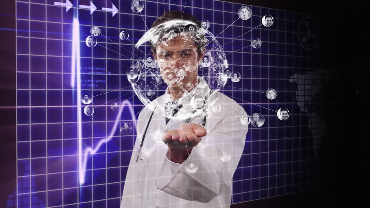 animación de un médico usando una pantalla 3d virtual sobre un monitor de latidos cardíacos en el fondo.