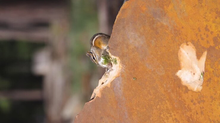 Vertical shot of a chipmunk tearing apart a thistle and stuffing its cheeks