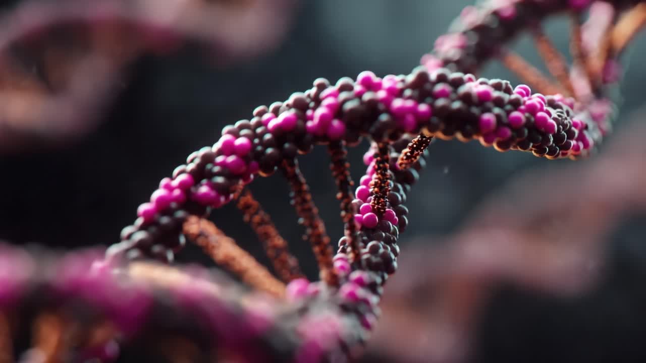 A Magnificent Close-Up of an Intricate DNA Helix, Showcasing the Beautifully Arranged Nucleotides in Vibrant Pink and Brown Colors Against a Vivid Background