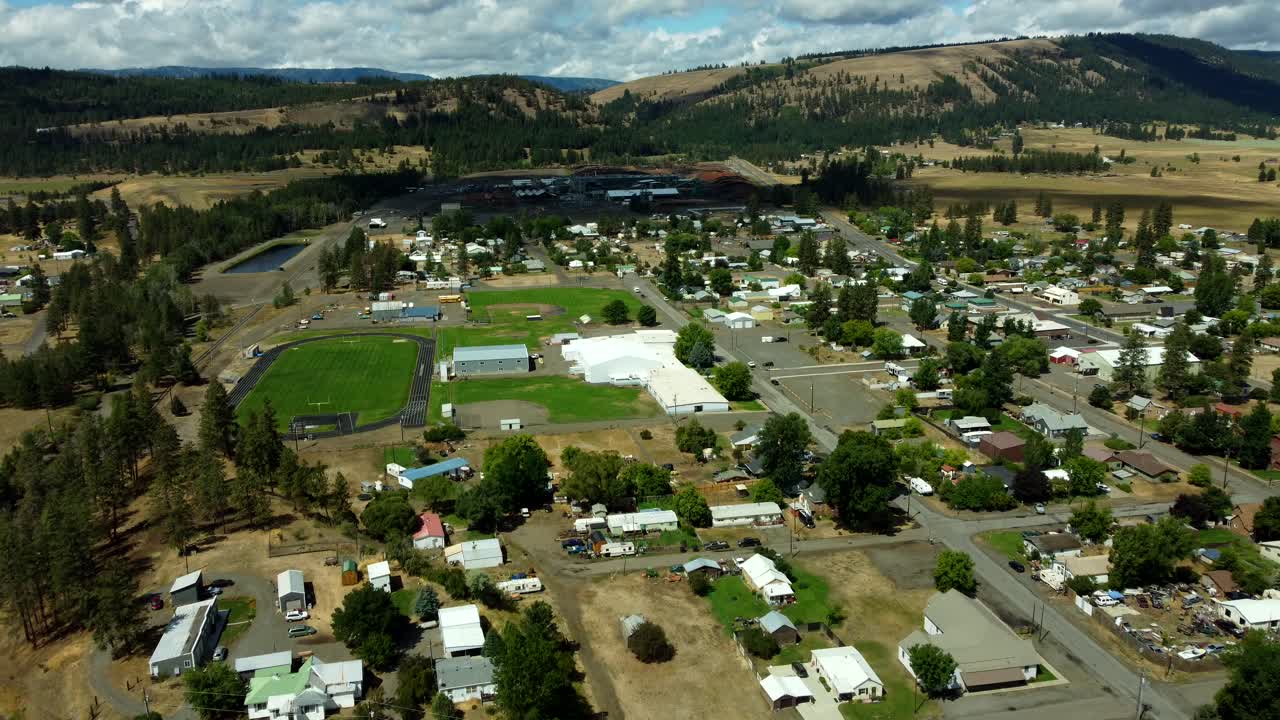 US, Oregon, Elgin, 2025-08-07 - Drone view of Elgin High School in summer