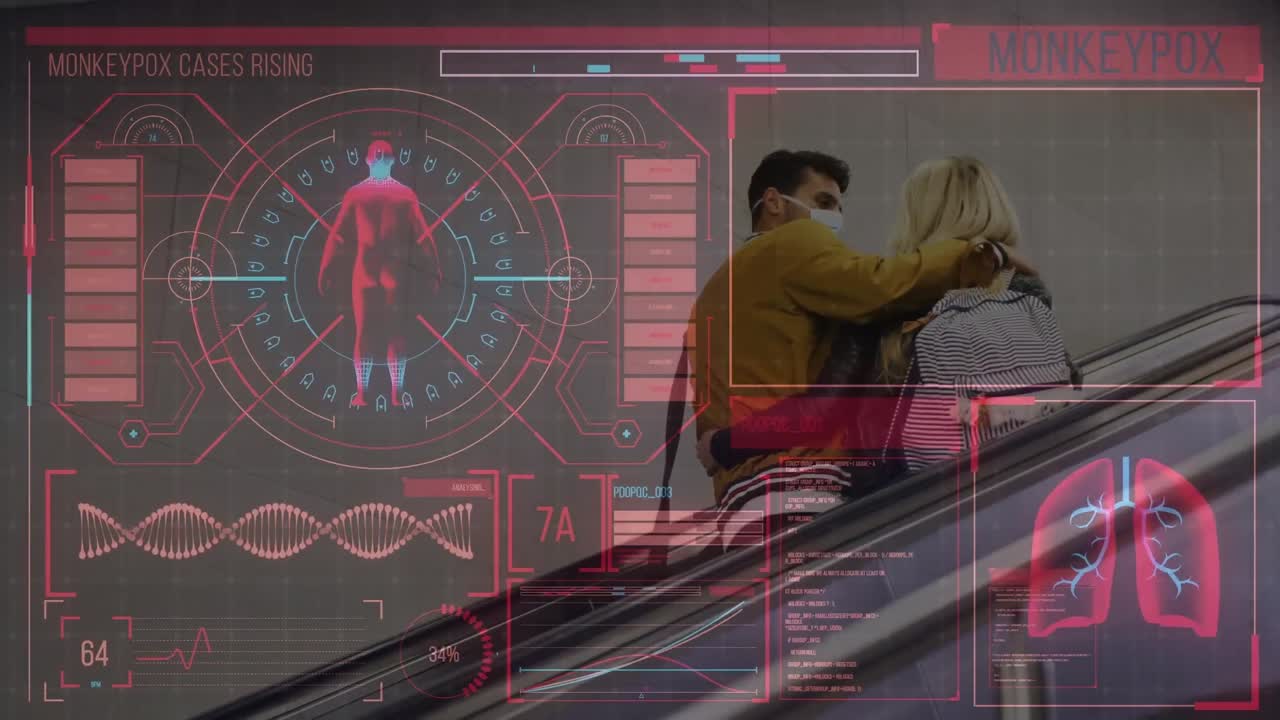 데이터와 백인 부부와 함께 디지털 스크린에서 원이 천연두의 애니메이션