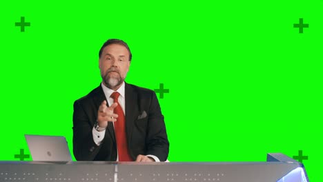 green screen background: live news studio with professional male anchor reporting on the events of the day. television channel newsroom concept. chroma key background with tracking markers