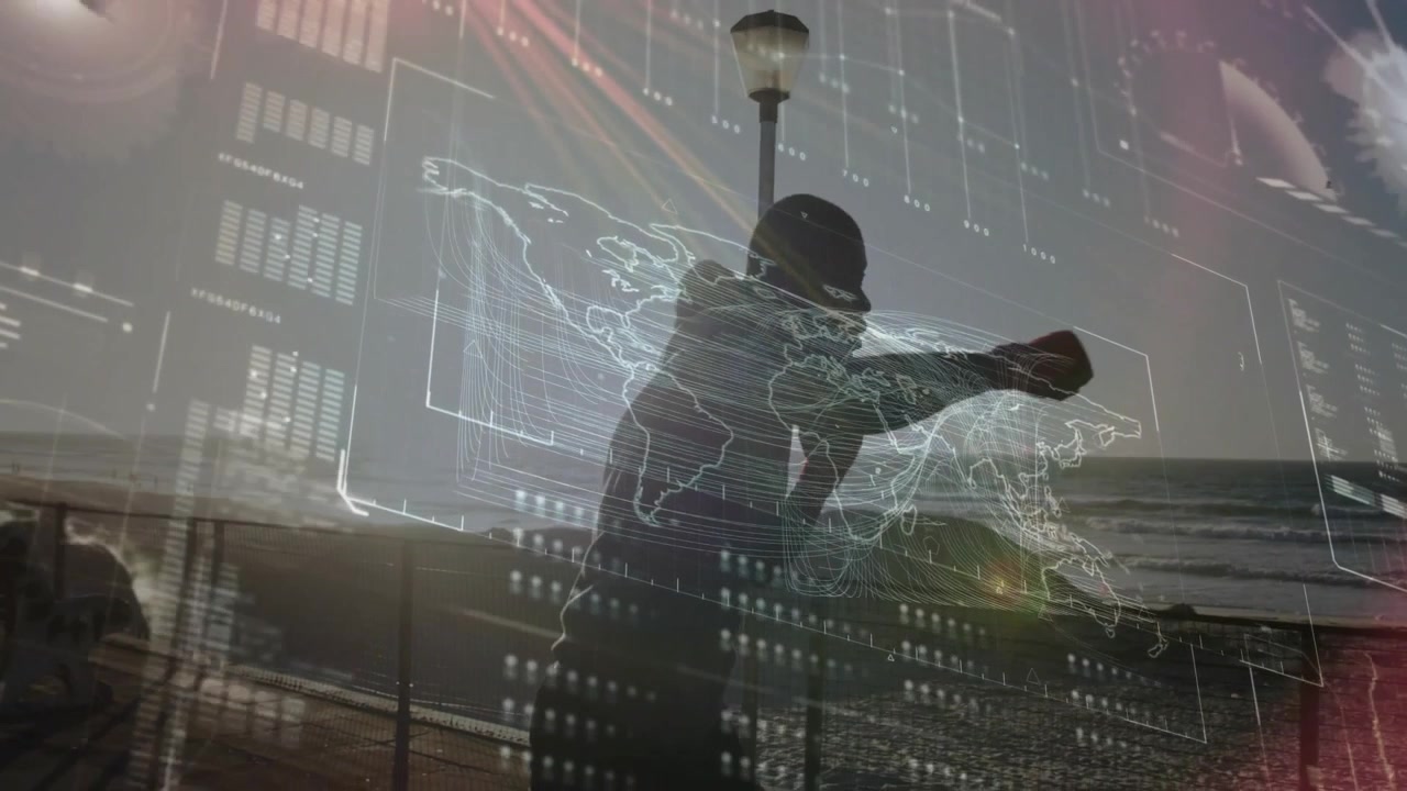 world map and charts fading, boxer shadow boxing along railing with fitness overlay tracking motion