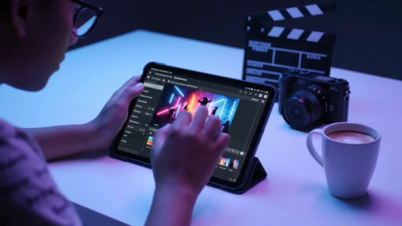 A video editor or content creator working on a project at night