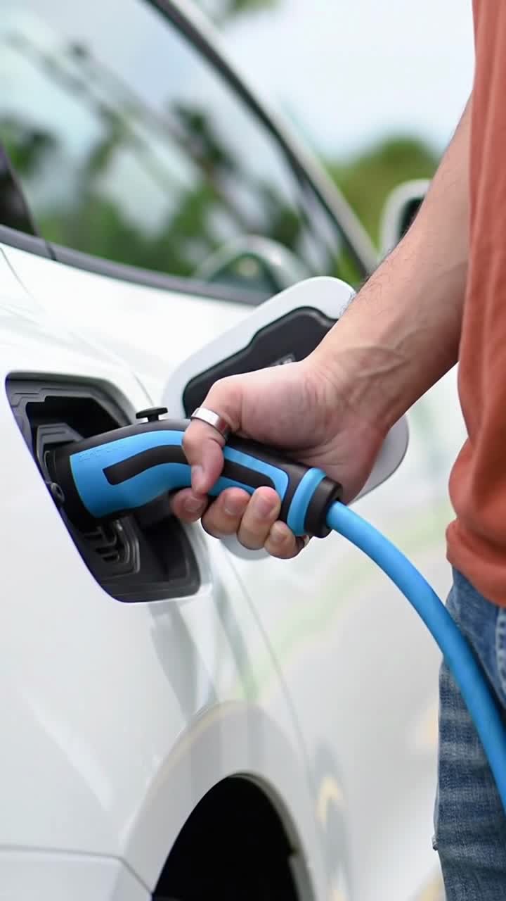 Collegamento manuale di un caricabatterie blu a un'auto elettrica bianca moderna