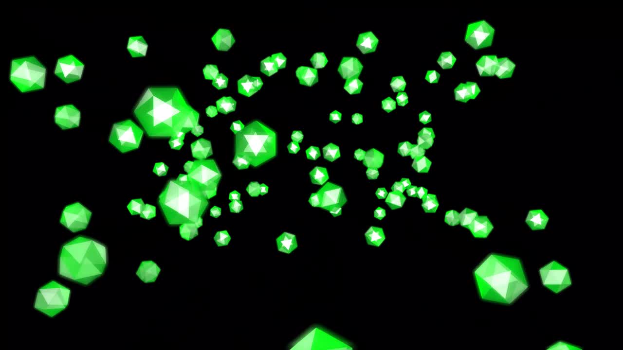 초록색 기하학적 모양, 반이는 움직이는 빛의 흐름, 여기저기. 검은색 배경에 추상적인 애니메이션.