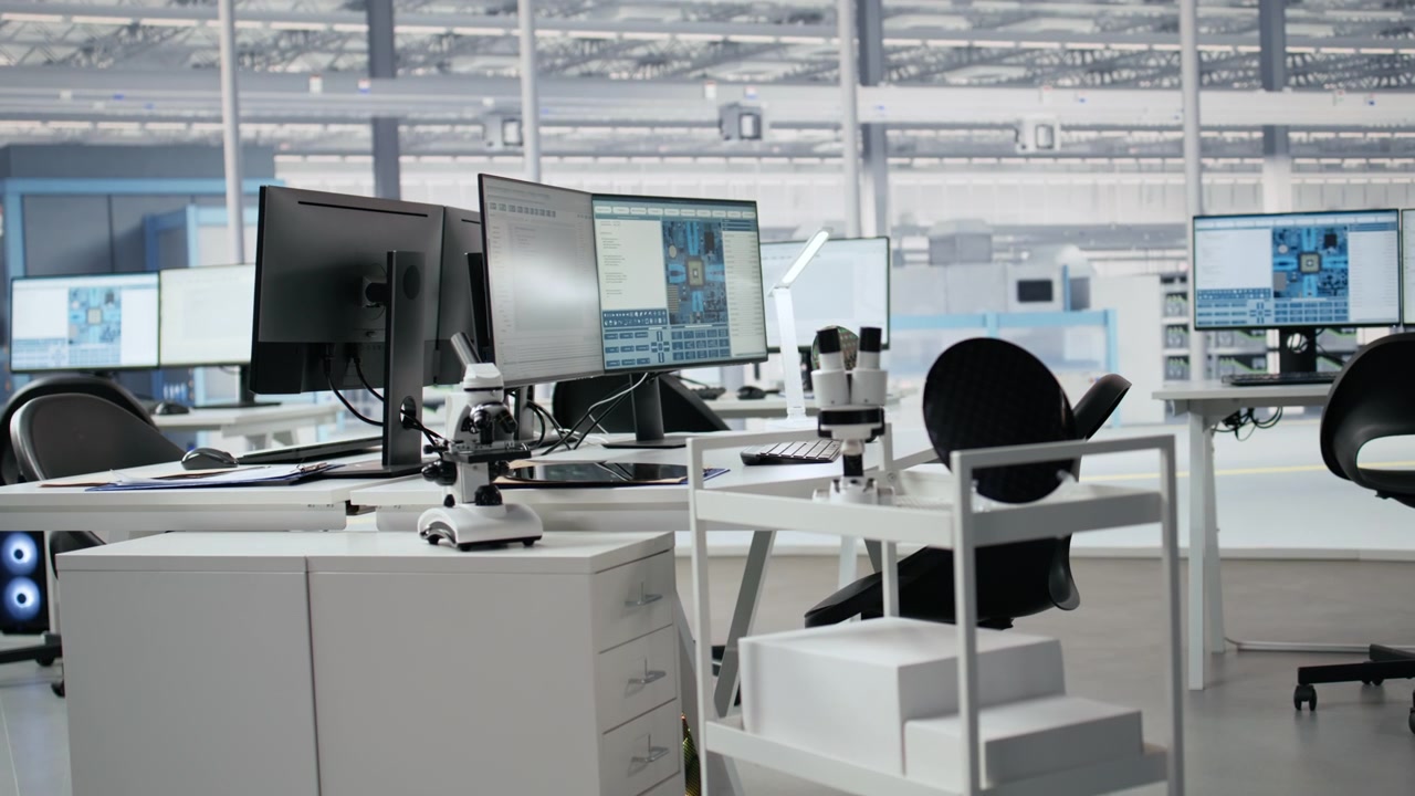 Empty High-Tech Laboratory with Computers and Microscopes