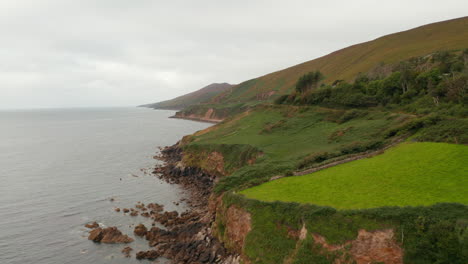 Forwards-fly-above-sea-coast.-Grass-slope-and-rock-cliffs.-Panoramic-landscape-shot-on-cloudy-day.-Ireland