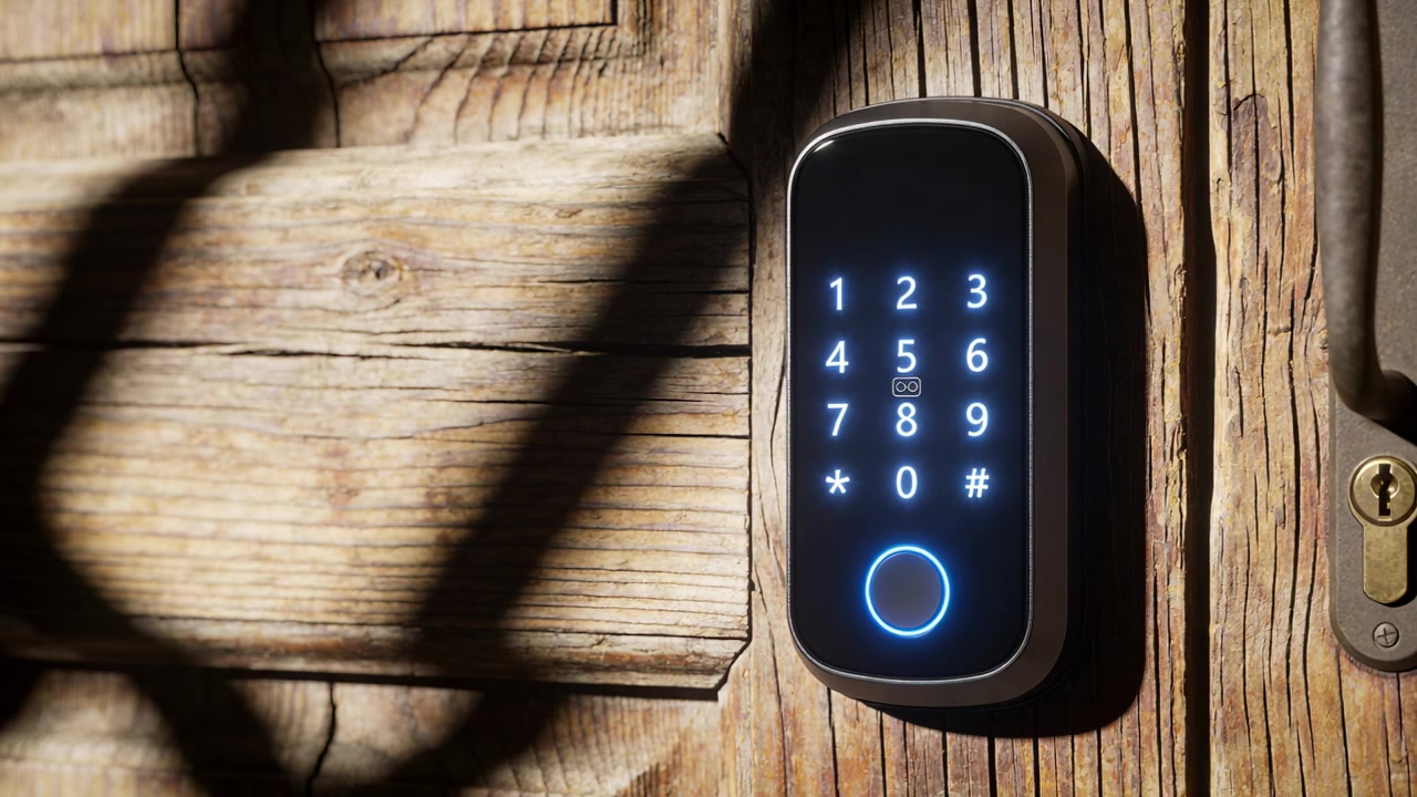 Shifting sunlight causing smart keypad lock staying lit at home entry, with blue ring, copy space