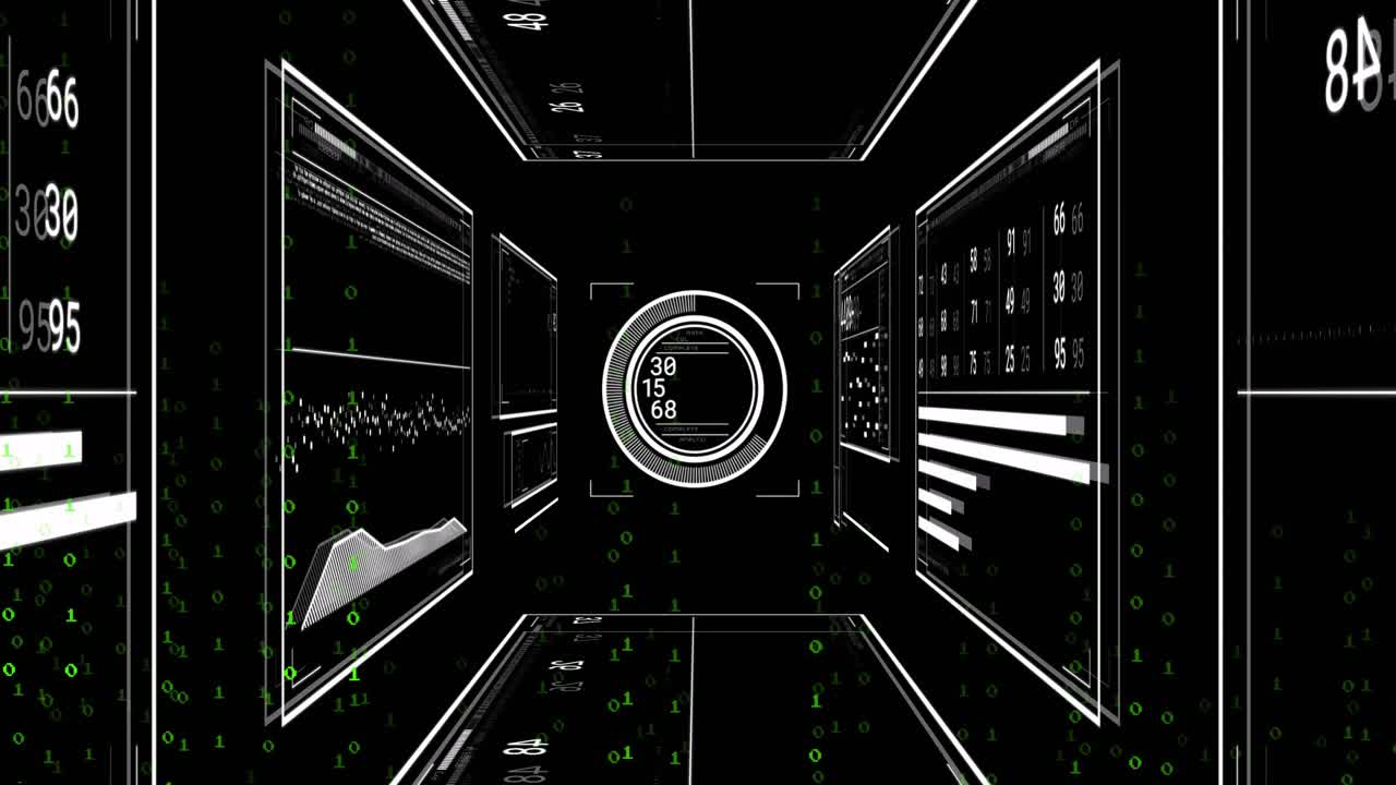 Wireframe corridor launching binary cascade, panels lighting, interface updating, streams fading