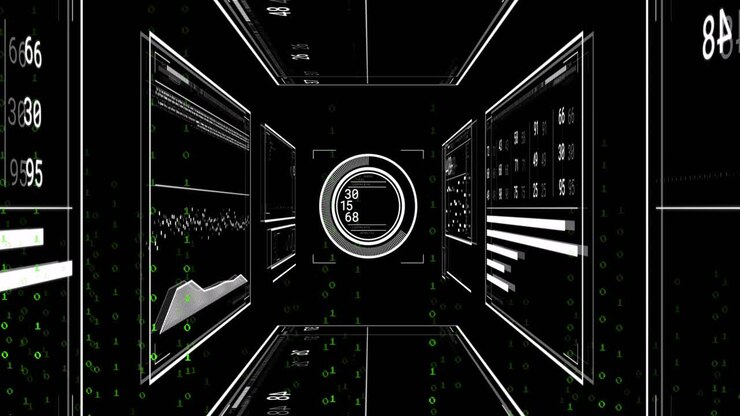 Wireframe corridor launching binary cascade, panels lighting, interface updating, streams fading