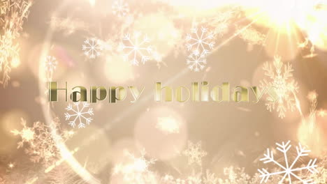 happy holidays text animation over snowflakes and golden bokeh background