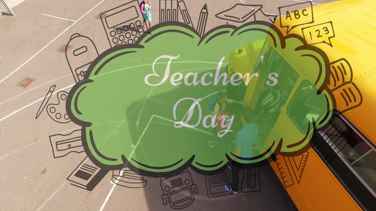 Animação de texto feliz dia dos professores sobre crianças escolares diversas correndo e um ônibus escolar