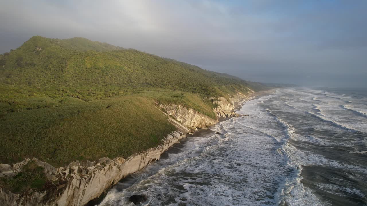 Overcast Sky On The Rapahoe Beach Islands From Point Elizabeth Lookout In West Coast Region, New Zealand. Aerial Drone Shot
