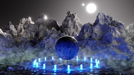 modern futuristic neon abstract background. planet in the center between neon laser. 3d render