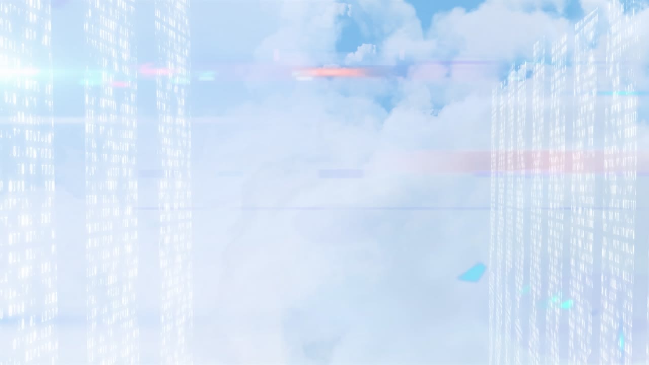 Animation af databehandling og lysspor over en himmel med skyer