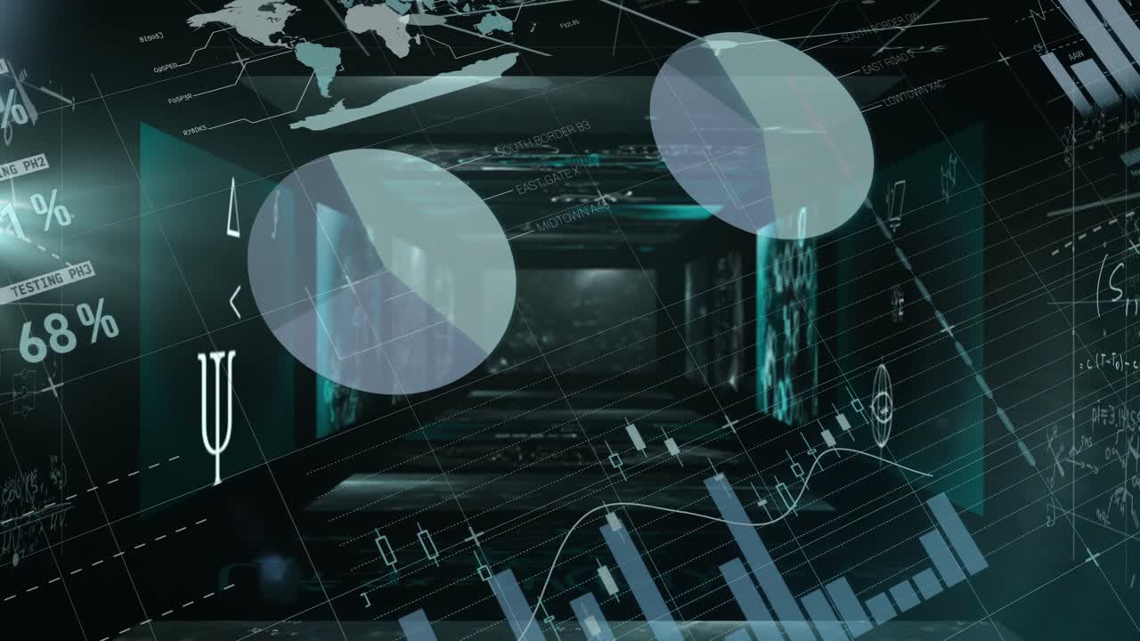 procesamiento de datos estadísticos frente a pantallas con ecuaciones matemáticas sobre fondo verde