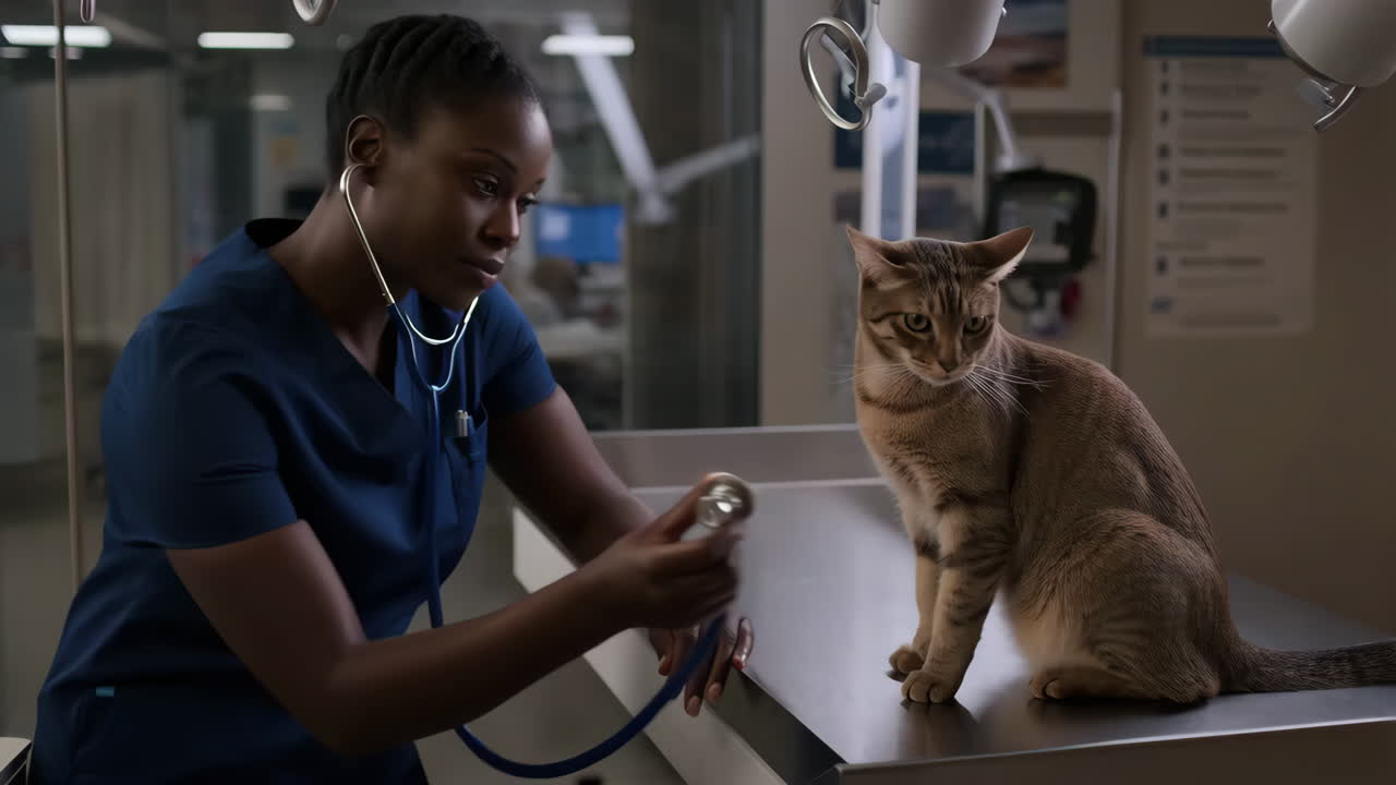 A veterinarian examines a cat with a stethoscope at an animal clinic