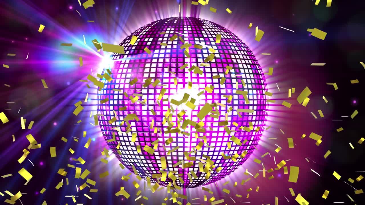 Confetti dorati che cadono su una sfera da discoteca luminosa e rotante, con punti luce su sfondo viola.