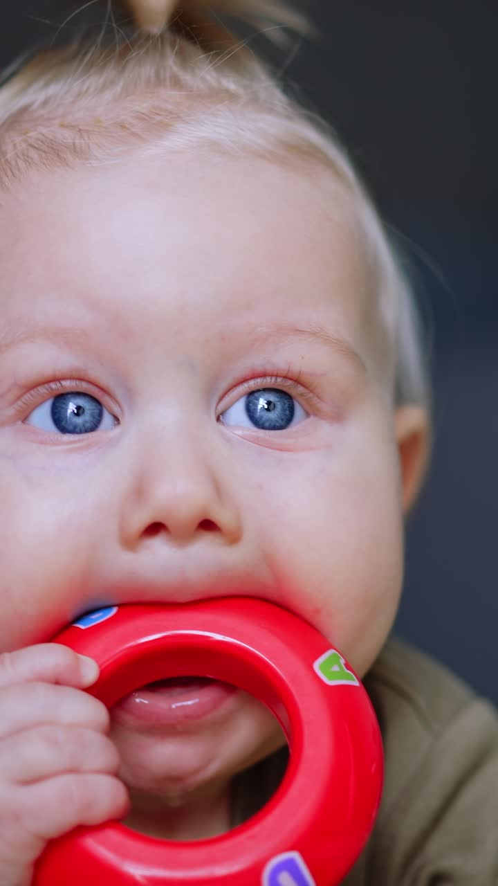 Lovely blue-eyed blond baby chewing a red toy. Close up portrait of an infant of six months old. Vertical video