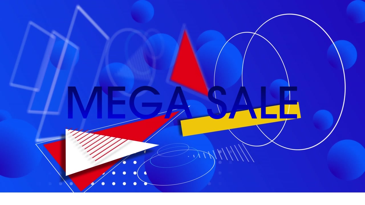 Animation of mega sale text and geometric shapes with circles on blue background