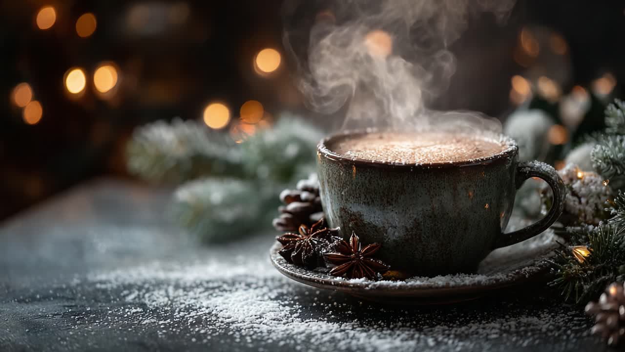 A Cozy Winter Scene Featuring a Steaming Cup of Hot Beverage Surrounded by Holiday Cheer, Golden Lights, and Festive Decorations That Evoke Warmth and Comfort