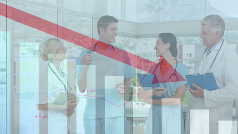 Medical staff discussing patient data in hospital corridor, with floating health graphs