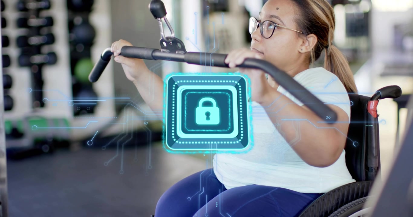 Woman in wheelchair entering gym activating lock icon as pulling lat-pulldown bar for rehab
