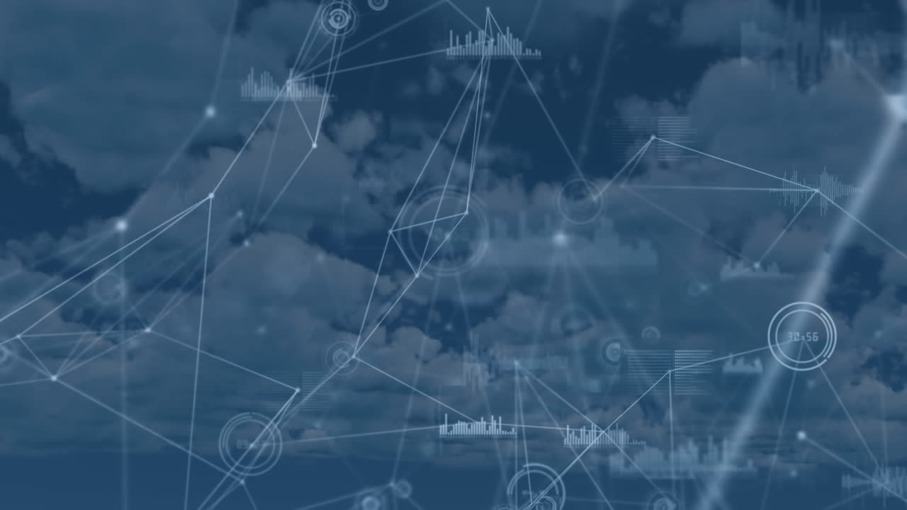 animación de la red de conexiones con el registro de estadísticas sobre nubes en el fondo