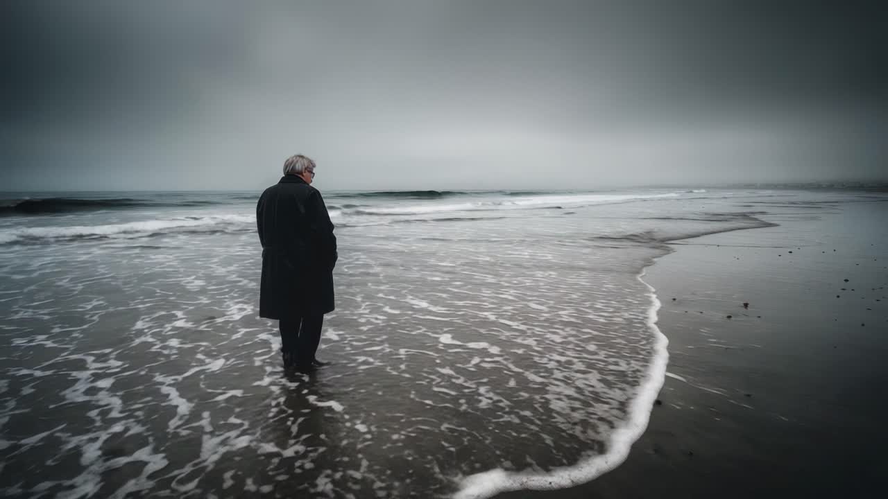 A solitary figure stands amidst the rolling waves of a desolate shore, lost in thought as the ocean embraces the land under a somber sky