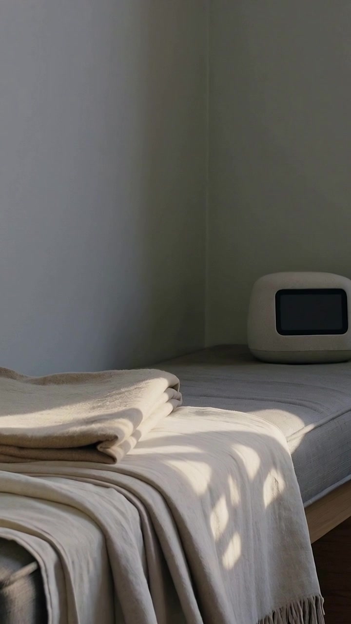 Vertical video: Shifting sunlight casting shadows across beige throw on gray bench