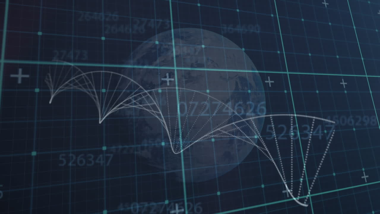 처리 데이터와 그리드와 함께 헬릭스를 형성하는 지구와 입자의 애니메이션, 검은색에