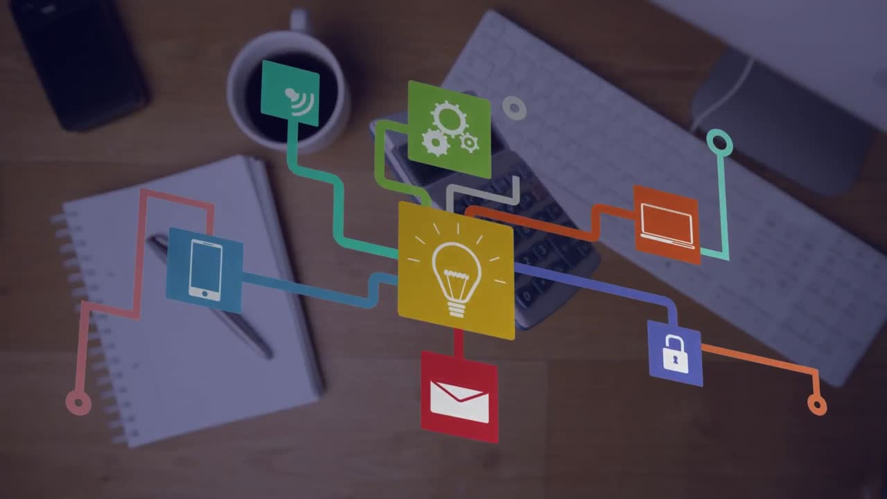 animación de una red de iconos digitales contra una calculadora que cae sobre una mesa de oficina de madera.