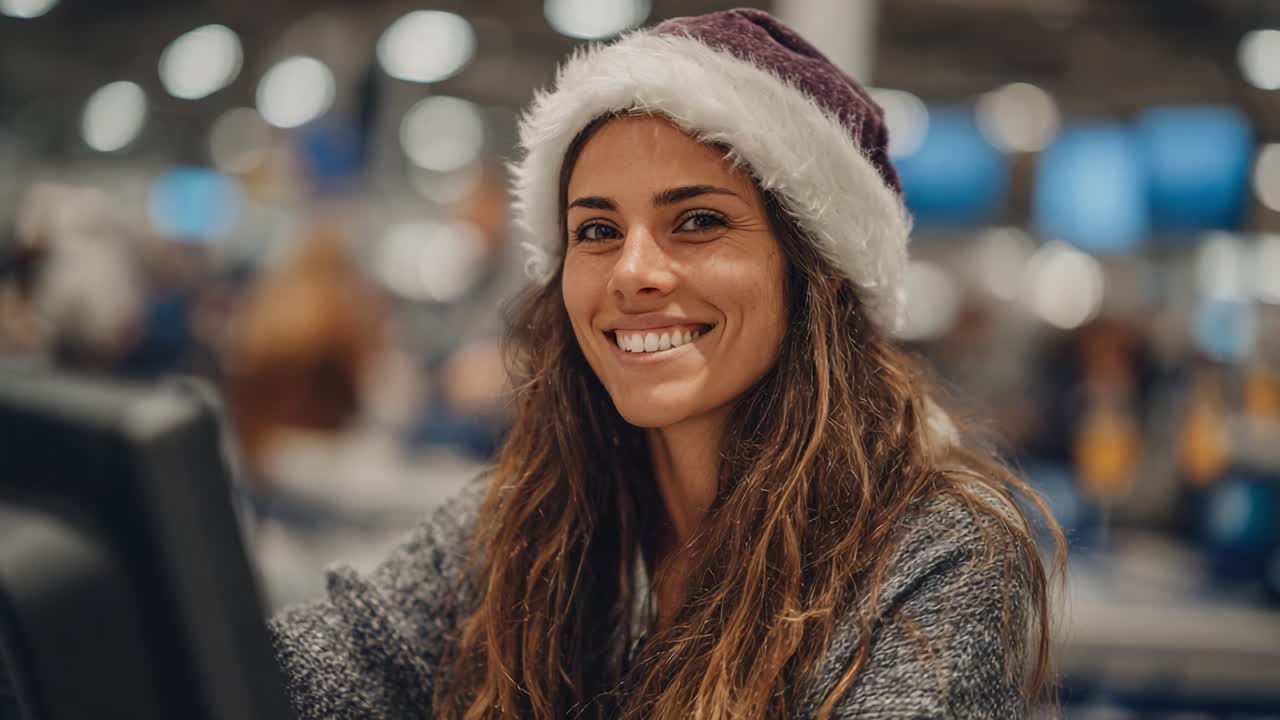 A Cheerful Woman with a Festive Hat Smiling at Work During the Holiday Season, Radiating Joy and Warmth Amid a Busy Environment