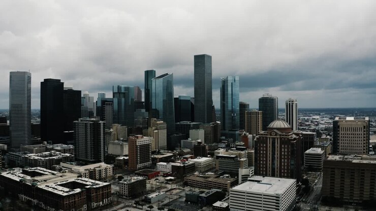 Drone shot of downtown skyscrapers in Houston, Texas