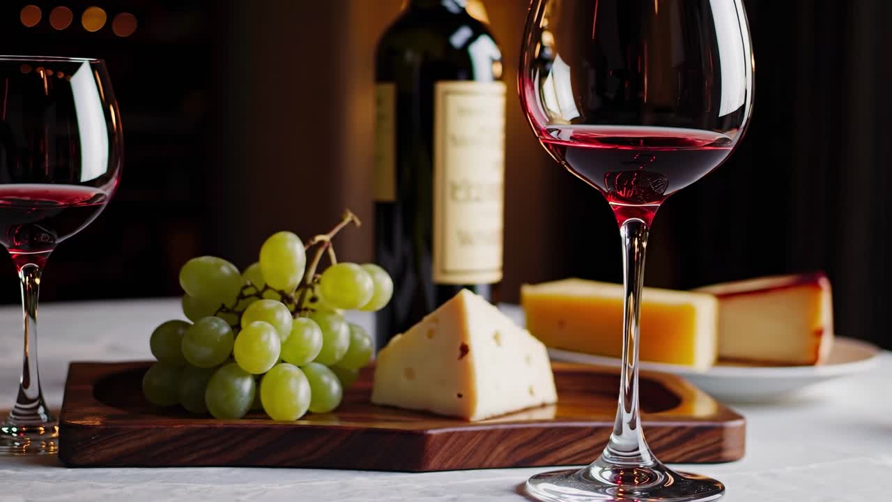 Video ravvicinato di vino rosso versato in un bicchiere, ripreso da un angolo laterale