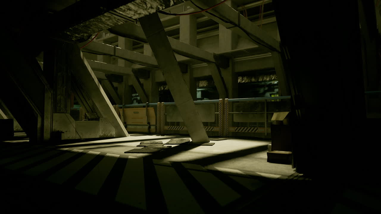 Empty industrial space illuminated by dramatic shadows in evening light