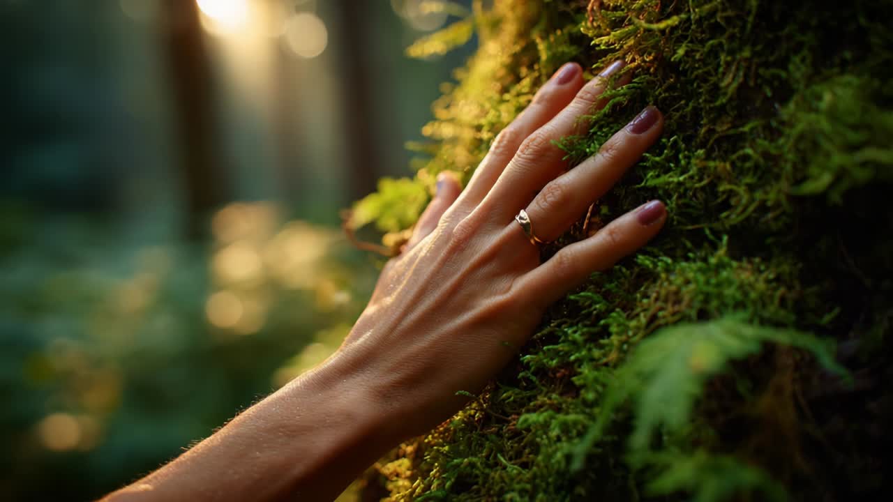 A Delicate Touch: The Connection Between Nature and Humanity as a Hand Graces the Lush, Green Moss on a Tree in a Sunlit Forest, Emphasizing Serenity and the Beauty of the Natural World