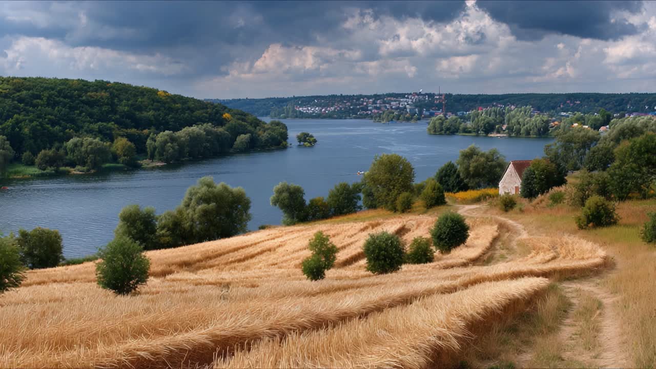 A Serene Landscape of Golden Fields and Calm Waters Under a Dramatic Sky: Capturing the Natural Beauty of Rural Tranquility and Scenic Waterside Views